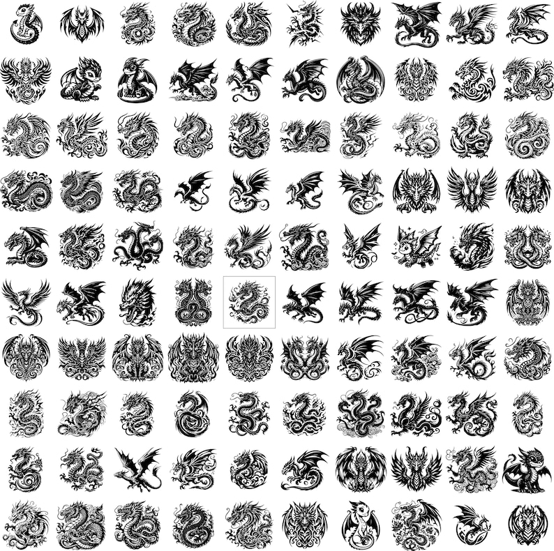 May include: A collection of 64 black and white illustrations of dragons in various poses. The dragons are depicted in a stylized, heraldic style.