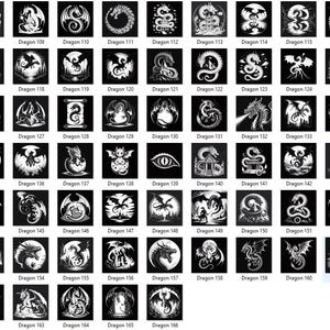 May include: A collection of 59 black and white dragon illustrations, each set within a square frame. The designs vary, showcasing dragons in different poses, settings, and styles, with each labeled with a "Dragon" number.