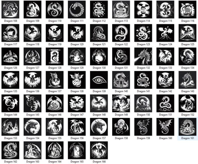 May include: A collection of 59 black and white dragon illustrations, each set within a square frame. The designs vary, showcasing dragons in different poses, settings, and styles, with each labeled with a "Dragon" number.