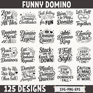 以下が含まれることがあります： 「Domino Queen」、「Just falling for FUN」、「Domino Addict」などのフレーズが特徴の、白黒の面白いドミノデザイン125個のコレクション。画像にはSVG、PNG、EPSファイル形式が含まれています。