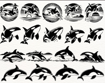Projekty SVG PNG Orca Whale - Pakiet clipartów sylwetki zabójcy dla projektów Cricut, cyfrowe pobieranie zwierząt oceanicznych