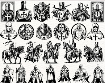 May include: A collection of 24 black and white vector illustrations of medieval Templar knights. The knights are depicted in various poses, including standing, kneeling, and riding horses. Some of the knights are holding swords, while others are holding shields. The illustrations are perfect for use in a variety of projects, such as website design, t-shirt designs, and social media graphics.
