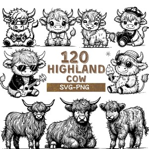 May include: A set of 120 black and white illustrations of Highland cows in various poses. The illustrations include cows wearing sunglasses, hats, and holding musical instruments. The text "120 Highland Cow SVG-PNG" is displayed in the centre of the image.