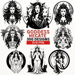 May include: A set of nine black and white illustrations of the Greek goddess Hecate. The illustrations feature Hecate in various poses, including standing with wolves, holding torches, and sitting in a meditative pose. The text "Goddess Hecate 300 Designs SVG-PNG" is included in the image.