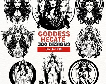 May include: A set of nine black and white illustrations of the Greek goddess Hecate. The illustrations feature Hecate in various poses, including standing with wolves, holding torches, and sitting in a meditative pose. The text "Goddess Hecate 300 Designs SVG-PNG" is included in the image.