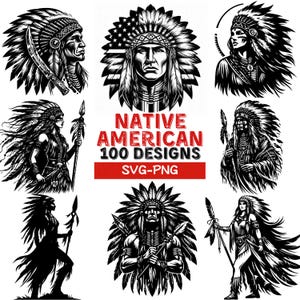Pacchetto SVG nativi americani, 100 disegni di capi tribù, clipart PNG, arte guerriera indigena, download digitale, arte del tatuaggio