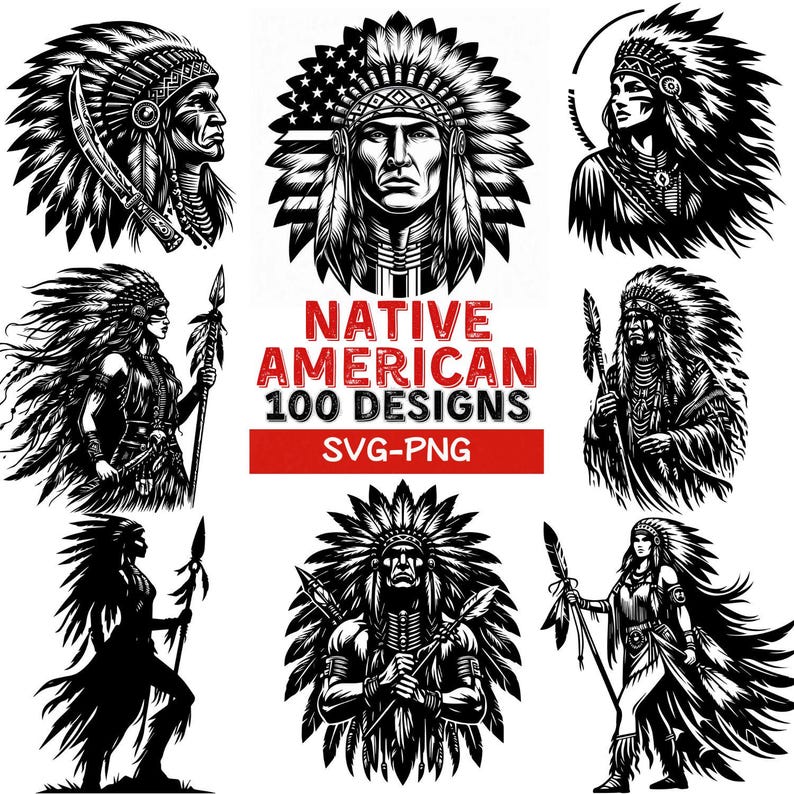 Native American SVG Bundle, 100 Tribal Chief Designs, PNG Clipart ...