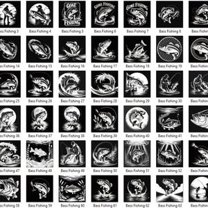 May include: A collection of 65 black and white illustrations featuring bass fish. Each design includes the text "Bass Fishing" and a number. Some designs show fish jumping, fishing scenes, and the words "Gone Fishing".