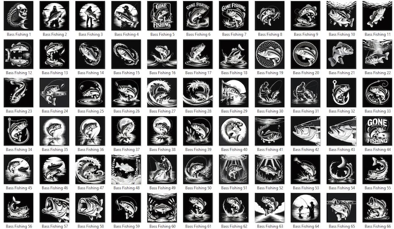 May include: A collection of 65 black and white illustrations featuring bass fish. Each design includes the text "Bass Fishing" and a number. Some designs show fish jumping, fishing scenes, and the words "Gone Fishing".