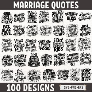 Lot de citations drôles de mariage pour Cricut et Silhouette, 100 dictons de mariage fichiers SVG pour projets de bricolage, créations de jeunes mariés et de couples