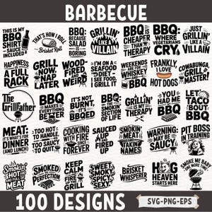Op de afbeelding: Een zwart-wit grafisch ontwerp met 100 verschillende ontwerpen voor barbecue. De ontwerpen bevatten tekst en illustraties met betrekking tot grillen, roken van vlees en barbecue-eten. De tekst bevat zinnen als "Grillin' like a villain", "BBQ is cheaper than therapy" en "Smokin' hot and full of meat".