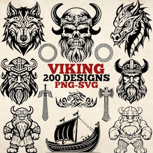Ensemble Viking SVG - 200 dessins scandinaves PNG et SVG - symboles Viking guerrier, tête de mort, loup, dragon, bateau et rune pour Cricut et Silhouette
