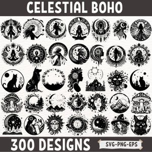 Himmlische Boho SVG-Bundle, mystische Frau Mond Sonne Sterne Clipart, spirituelle Göttin Silhouette PNG EPS-Dateien für Cricut Design
