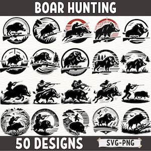Paquete SVG PNG de caza de jabalíes: imágenes prediseñadas de jabalíes, diseños de siluetas de caza, archivos de corte de aventuras al aire libre para Cricut y grabado láser