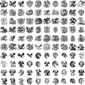 May include: A collection of 100 black and white dragon illustrations. The dragons are in various poses, including flying, sitting, and standing. Some dragons have wings, while others do not. The dragons are all in a simple, stylized design.