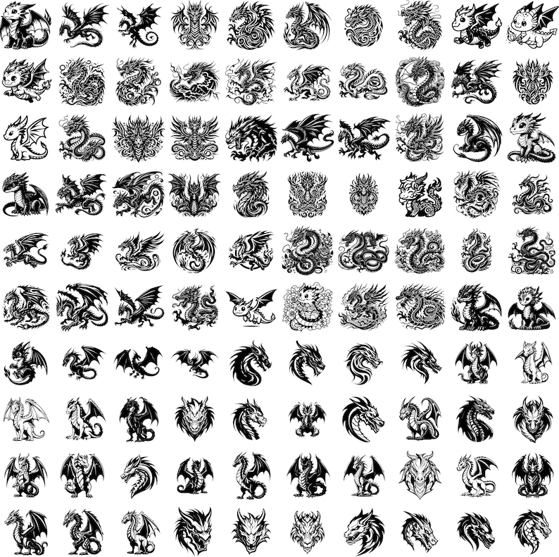 May include: A collection of 100 black and white dragon illustrations. The dragons are in various poses, including flying, sitting, and standing. Some dragons have wings, while others do not. The dragons are all in a simple, stylized design.