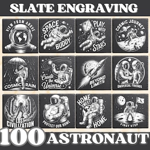 May include: A collection of twelve black slate coasters, each engraved with a white astronaut design. The coasters feature various space-themed illustrations and text, such as "Space Buddy", "Cosmic Journey", and "First Step".