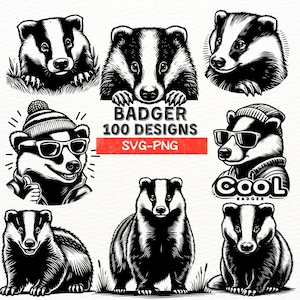 Paquete SVG de tejón, 100 diseños de tejón, imágenes prediseñadas de tejón geniales, tejón de animales salvajes PNG, vector de cabeza de tejón, descarga instantánea, archivos Cricut