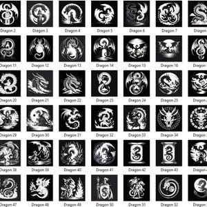 May include: A collection of 54 black and white dragon illustrations, each in a square frame. The designs vary, showcasing dragons in different poses, with some incorporating moons, scrolls, and other elements. Each is labeled with the word "Dragon" and a number.