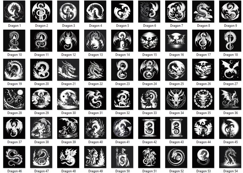 May include: A collection of 54 black and white dragon illustrations, each in a square frame. The designs vary, showcasing dragons in different poses, with some incorporating moons, scrolls, and other elements. Each is labeled with the word "Dragon" and a number.