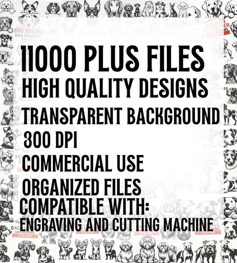 May include: A digital design file featuring a variety of dog illustrations. The text includes "11000 PLUS FILES", "HIGH QUALITY DESIGNS", "TRANSPARENT BACKGROUND", "300 DPI", "COMMERCIAL USE", "ORGANIZED FILES", and "ENGRAVING AND CUTTING MACHINE".