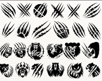 Björnskrapmärke SVG-paket, 100 björnklo-skrapmärken PNG, vilda djurs klomärken Cricut-klippfiler, grizzlyklo-tatueringsvektorsilhuett