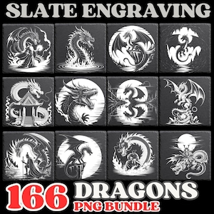 May include: A collection of black slate engravings featuring white dragon illustrations. The text "SLATE ENGRAVING" and "166 DRAGONS PNG BUNDLE" are displayed. Each square tile showcases a unique dragon design.
