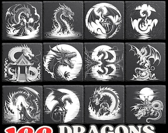 May include: A set of black slate engravings with white dragon designs. The text "SLATE ENGRAVING" and "166 DRAGONS PNG BUNDLE" are visible. Each square tile presents a different dragon illustration.