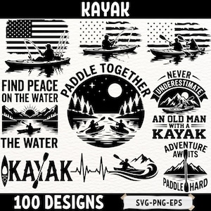 Könnte beinhalten: Eine Sammlung von Designs zum Thema Kajakfahren in Schwarz und Weiß. Die Designs umfassen Silhouetten von Kajakfahrern, amerikanische Flaggen und inspirierende Sätze wie "Paddle Together" und "Find Peace on the Water". Das Bild enthält auch den Text "100 Designs."