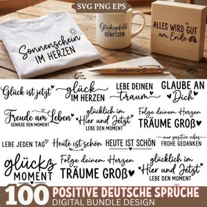 Puede incluir: Una camiseta blanca con el texto "Sonnenschein IM HERZEN" y un sol, una taza blanca con "Glücksgefühl GENIESSEN", y un bloque de madera con "ALLES WIRD GUT am Ende". También se incluyen varias frases alemanas.