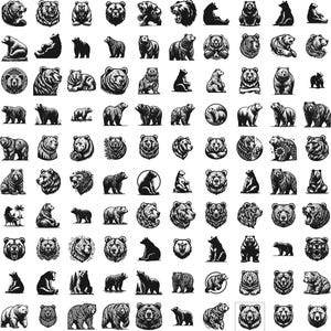 May include: A collection of 100 black and white bear illustrations in various poses, including standing, sitting, and walking. The bears are drawn in a vintage style with intricate details.