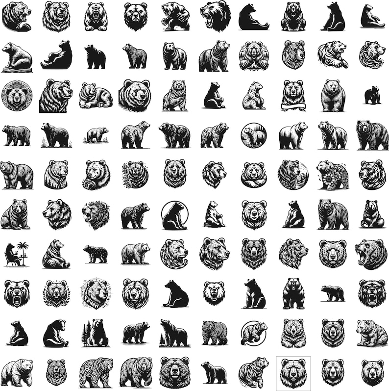 May include: A collection of 100 black and white bear illustrations in various poses, including standing, sitting, and walking. The bears are drawn in a vintage style with intricate details.