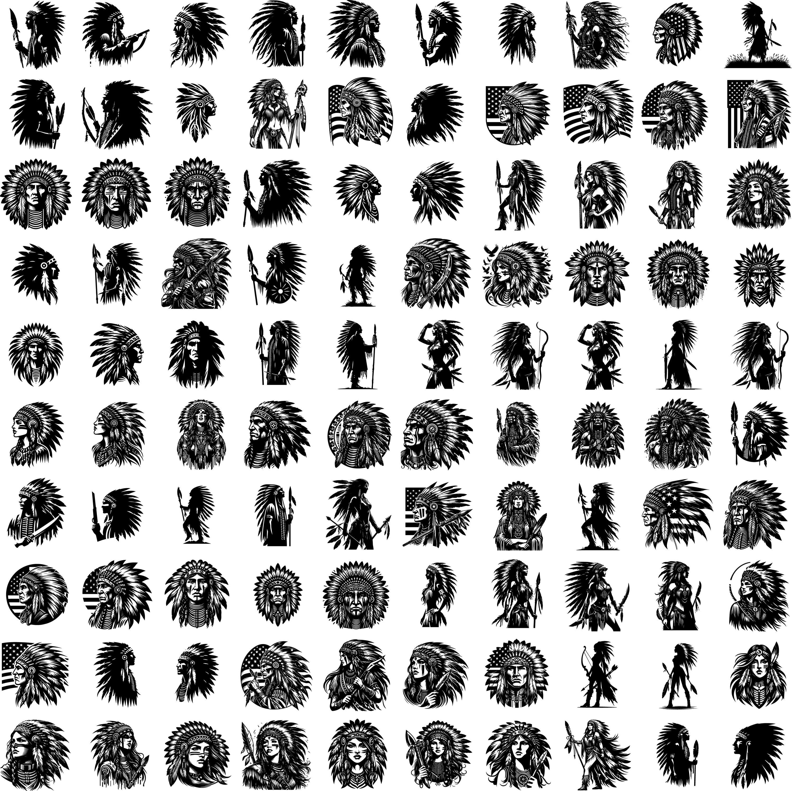 Native American SVG Bundle, 100 Tribal Chief Designs, PNG Clipart ...