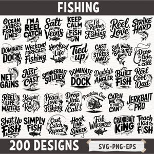 Paquete SVG de pesca para Cricut y Silhouette: archivos PNG EPS con frases divertidas de pesca. Diseños de archivos SVG de corte "Reel Cool Dad Hooked Life".