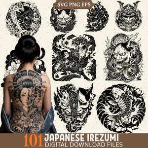 Puede incluir: Una colección de ilustraciones digitales en blanco y negro con diseños de tatuajes japoneses, incluyendo máscaras Hannya, samuráis, tigres y peces koi. La imagen muestra varios motivos junto a la espalda de una persona con un tatuaje detallado.