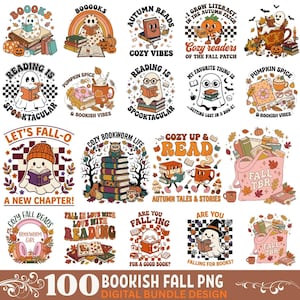 Può includere: Una collezione digitale di 100 design a tema autunnale e letterario con fantasmi, zucche, pile di libri, tazze e foglie autunnali. Ogni grafica include testi come Reading is Spooktacular, Cozy Up and Read e Fall TBR, realizzati con una calda palette di colori stagionali.
