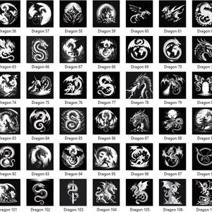 May include: A collection of black and white dragon illustrations, each within a square frame. The designs vary, showcasing dragons in different poses and settings, with text labels like "Dragon 55" to "Dragon 108".