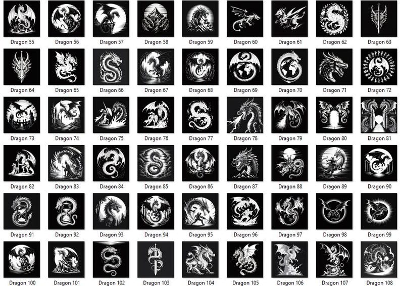 May include: A collection of black and white dragon illustrations, each within a square frame. The designs vary, showcasing dragons in different poses and settings, with text labels like "Dragon 55" to "Dragon 108".