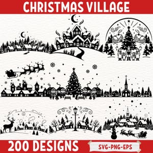 Puede incluir: Diseños de pueblos navideños en blanco y negro. La imagen presenta varias ilustraciones de casas, árboles y escenas navideñas, incluyendo el trineo de Papá Noel, un árbol de Navidad y villancicos. También está presente el texto "CHRISTMAS VILLAGE" y "200 DESIGNS".