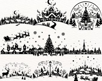 Christmas Village SVG Bundle 200 Designs, Winter Town Silhouette Cut Files, Santa Sleigh Tree Scene Clipart, Holiday Houses PNG EPS Cricut