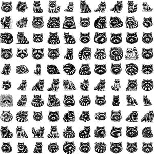 May include: A black and white illustration of a collection of raccoons in various poses. The raccoons are drawn in a cartoon style and are all facing forward. The illustrations are arranged in a grid pattern.