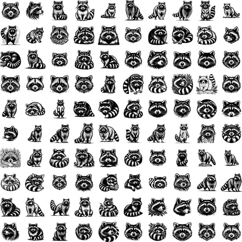 May include: A black and white illustration of a collection of raccoons in various poses. The raccoons are drawn in a cartoon style and are all facing forward. The illustrations are arranged in a grid pattern.