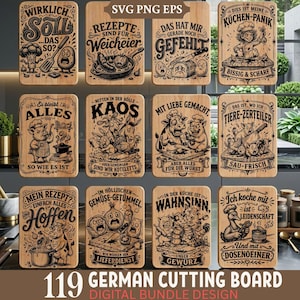 Könnte beinhalten: Eine Sammlung von 12 Holzschneidebrettern mit humorvollen deutschen Texten und Illustrationen. Die Bretter zeigen verschiedene küchenbezogene Designs, darunter Cartoon-Charaktere und Lebensmittel. Der Text enthält Sätze wie "German Cutting Board" und "Digital Bundle Design."