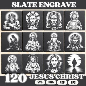 Jesus Christ Slate Engraving Bundle SVG PNG PDF Eps, Religious Christian Clipart, Sacred Heart of Jesus Silhouette Vector Files