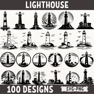 Bundle SVG phare, 100 cliparts phare nautique, silhouette côtière vintage PNG, fichiers de coupe SVG Ocean Beach pour Cricut sublimation