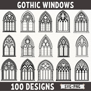 Paquete SVG de ventana gótica, imágenes prediseñadas de arquitectura gótica, archivos PNG para manualidades, arte mural, calcomanías y corte por láser