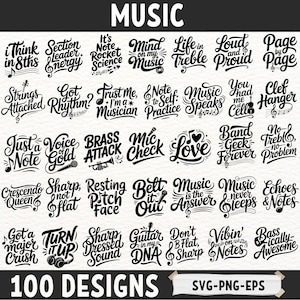 Pacote SVG de música engraçada para músicos, arquivos PNG EPS de citações de professores de música, clipart de trocadilhos de música de banda para Cricut e Silhouette