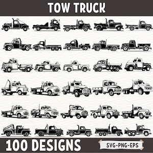 Op de afbeelding: Een verzameling van 100 zwart-wit silhouetontwerpen van sleepwagens. De ontwerpen tonen verschillende stijlen sleepwagens, waaronder platte wagens, rollwagens en sleepwagens. De tekst "TOW TRUCK" staat bovenaan de afbeelding en "100 DESIGNS" staat onderaan de afbeelding. De tekst "SVG-PNG-EPS" staat in de rechterbenedenhoek van de afbeelding.