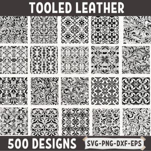 Lot SVG motif cuir repoussé, arrière-plans en cuir gravés floraux, papiers numériques floraux occidentaux, fichiers Png Dxf Eps pour découpe laser