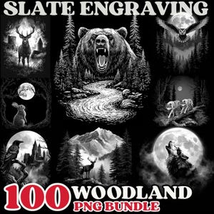 Könnte beinhalten: Eine Sammlung von PNG-Grafiken im Schwarz-Weiß-Wald-Thema. Die Bilder zeigen einen Bären, Hirsch, Eule, Wolf, Kaninchen und Raben, alle vor Wald- und Mondhintergründen. Der Text "SLATE ENGRAVING" und "100 WOODLAND PNG BUNDLE" sind ebenfalls vorhanden.